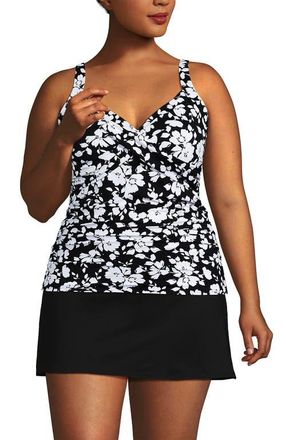 Lands End Plus Size Sweetheart Wrap Underwire Tankini Top in Black Blossom Floral at Nordstrom, Size 16W