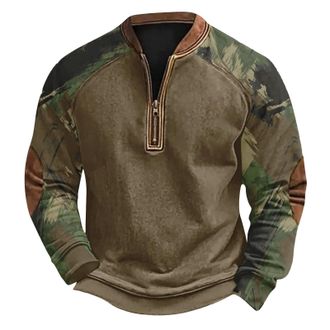 Generic Mens 1/4 Zip Sports Top, Loose 3D Camouflage Print Sweatshirts Camouflage Sleeve Sport Streetwear Casual Trendy Hoodie Cotton Fleece Hoodless Tops Wit