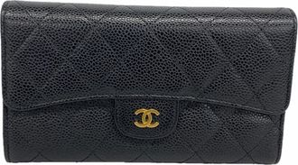 Chanel Black Grained Calfskin Long Wallet (Tri-Fold) (Pre-Owned)