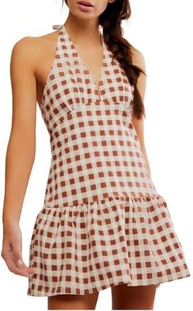 Free People Cecil Flounce Hem Cotton Blend Halter Minidress in Brown Patina Combo at Nordstrom Rack, Size X-Large