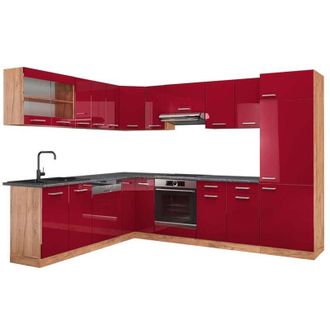 Vicco Cucina angolare completa R-Line, Bordeaux lucido/rovere dorato, 227 x 287 cm, PL Antracite, Vicco