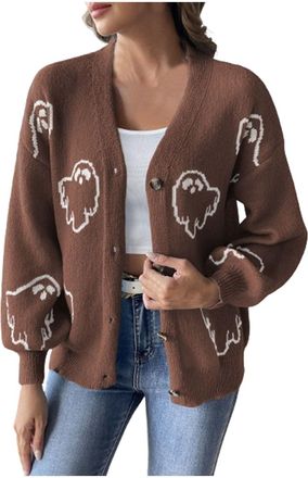 Generic Cardigans V Neck Knitted Cardigan Ghost Print Long Sleeve Sweater Womens Jackets Button Casual Loose Winter Outfits Autumn Clothes Western Outdoor Wom