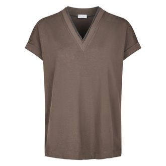 Brunello Cucinelli Brunello Cucinelli, T-Shirts, female, Brown, Size: XL V-Neck Monile T-shirt