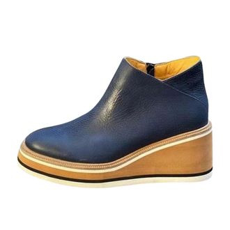 Generic Womens Wedge Fashion Boots Elastic Platform Slip on Waterproof Ankle Booties Retro Thick-Soled Shoes Fashion Chelsea Boots Casual Combat Boot Blue
