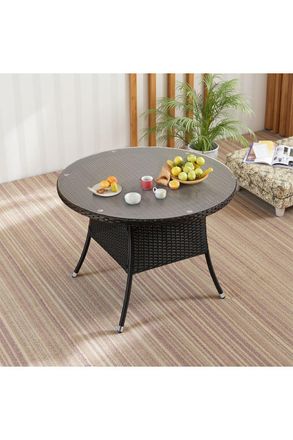 Living and Home Garden Rattan Tempered Glass Top Round Table with Parasol Hole in Black