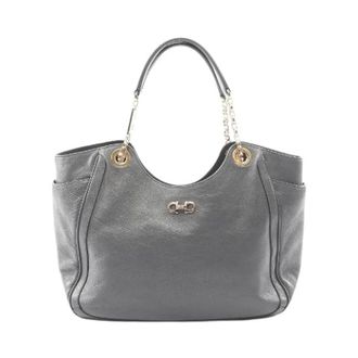 Ferragamo Pre-owned Shoulder Bags, female, Gray, Size: ONE SIZE Pre-owned Double Gancini Leather Tote Bag