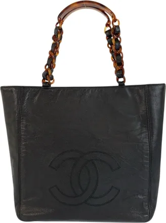Chanel Black Marble Leather Shoulder Bag Tote Bag (Pre-Owned)