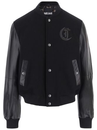 Just Cavalli Varsity-Style Black Wool Jacket with Leather Sleeves and Logo Detail
