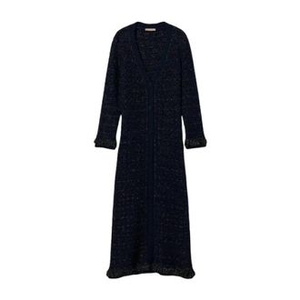 Twinset Lang Geruite Gebreide Vest - Dames - Lange truien - Blauw - XS - Wol - Truien & Vesten