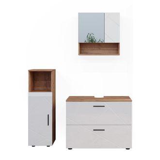 Vicco Conjunto De Muebles De Ba&ntilde;o Irma, Blanco Brillo Intenso/roble Dorado, 3 Piezas, Con Mueble Alto