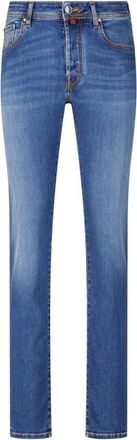Jacob Cohen Jeans, Heren, Blauw, W38, Leer, Italiaans Vakmanschap Slim-Fit Jeans met Unieke Design Details