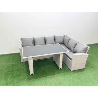 Fimous Fimous Outdoor Garden Furniture Sets 6 Seater Wicker Rattan Corner Sofa Sets with Rectangular Dining Table Lounge Sofa Light Grey