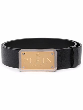 Philipp Plein logo-plaque buckle leather belt - men - Calf Leather - 85 - Black