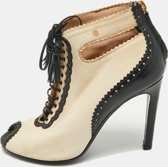 Moschino Beige/black Leather Cutot Peep Toe Ankle Boots