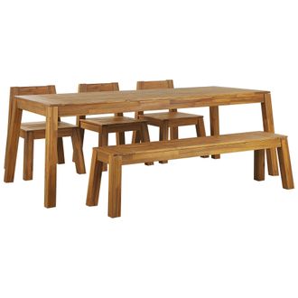 Beliani Juego De Comedor De Jard&iacute;n 5 Piezas Banco De Mesa Rectangular De Madera De Acacia Laminada Clara 3 Sillas Estilo R&uacute;stico Dise&ntilde;o Moderno Livorno