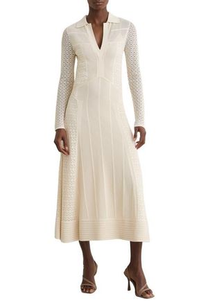 Reiss Lindy Pointelle Long Sleeve Maxi Dress in Cream at Nordstrom, Size X-Small