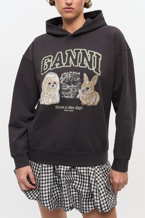 Ganni Mixed Black Animal Print Hoodie - Size XXS/XS Organic Cotton