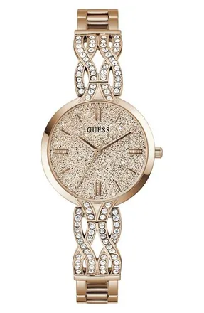 Guess Coral Glitter & Crystal Rose Gold Bracelet Watch, 32mm at Nordstrom