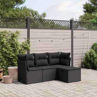vidaXL Juego De Sof&aacute;s Jard&iacute;n 4 Pzas Con Cojines Rat&aacute;n Sint&eacute;tico Negro Vidaxl
