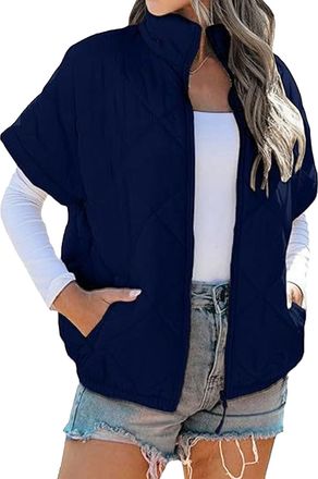 Generic Black Lightweight Puffer Vest Women Quilted Short Sleeve Jacket Zip Up Stand Collar Warm Winter Outerwear Coat Navy Blue Large