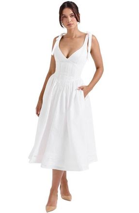 House of CB Hattie Lace-Up Stretch Cotton Blend Corset Midi Dress in White at Nordstrom, Size X-Small D