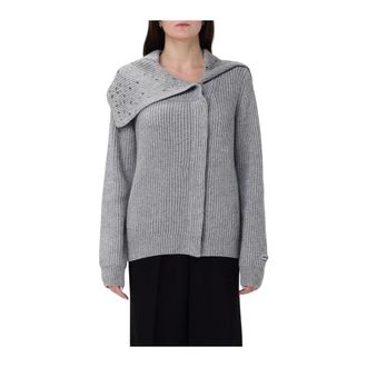 Pinko Cardigans, female, Gray, XS, Embellished-collar Ribbed Cardigan