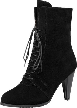 Generic Winter Women Slouchy Heeled Ankle Boots Lace Up Casual Mid Calf High Heel Short Footwear Comfortable Stylish Design (Black, 6. 5)