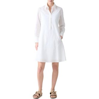 Akris Diamond Eyelet Long Sleeve Cotton Poplin Shirtdress in Cream at Nordstrom, Size 12