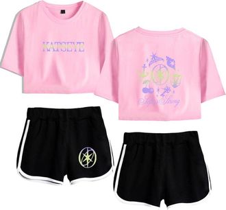 Generic Katseye Merch Soft is Strong Katseye Touch Tops Women Midriff-Baring Fitted Crop Sets Gym Shirt Short Pants (7,XS)