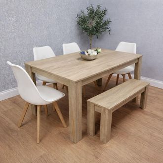 Kosy Koala Dining Table Set Oak Effect Table With 4 White Plastic Chairs & Bench Dining Room Furniture in Beige