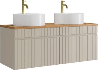 Vente-Unique Mueble de ba&ntilde;o suspendido estriado beige con lavabo sobre encimera redondo y grifo - 120 cm - SATARA