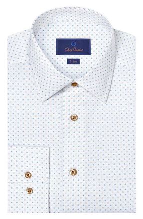 David Donahue Trim Fit Neat Cotton Dress Shirt in White/Dune at Nordstrom, Size 18.5 - 36