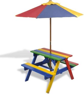 vidaXL Vidaxl - Mesa De Picnic Y Bancos De Ni&ntilde;os Y Sombrilla Madera Multicolor