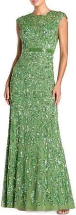 Mac Duggal Embellished Illusion Cap Sleeve Column Gown in Sage at Nordstrom, Size 10