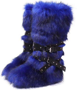 Generic Womens Winter Knee High Boots Fluffy Faux Fur Boots With Thick Fleece Lining Cozy Snow Boots Available In Plus Sizes(Blu,7.5)