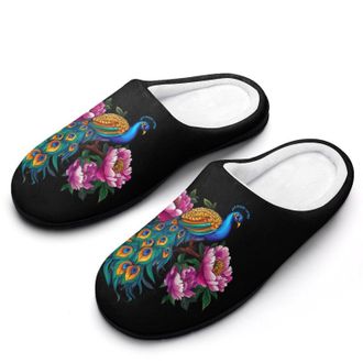 Generic Beautiful Blue Peacock Peony Womens Slippers Warm House Slippers Indoor House Shoes with Anti-Skid Rubber Sole