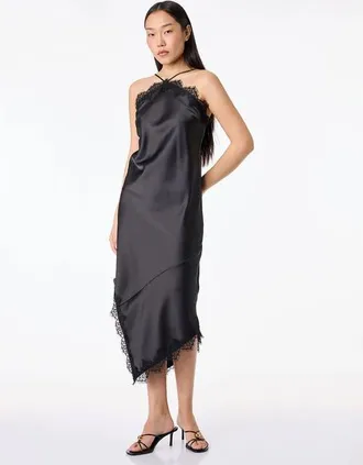 Koton Asymmetric Lace Trim Satin Slip Dress in Black at Nordstrom, Size 10