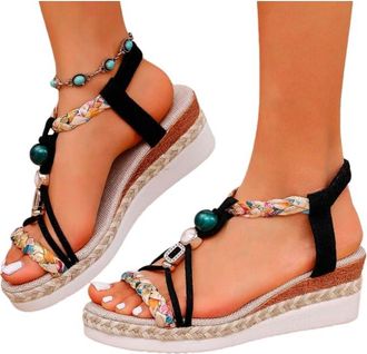 Generic Bohemian Beach Sandals for Women 2026,Platform Sandals Women Summer Dressy,Rhinestone Beaded Elastic Ankle Strap Flip Flops Open Toe Summer Beach Flat