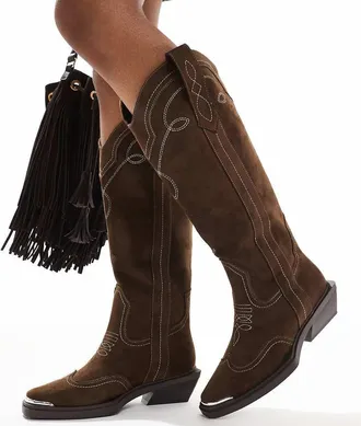 Asos Wide Fit Celeste flat western knee boots in choc faux suede-Brown