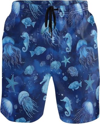 Alaza Beach Shorts for Men, Blue Jellyfish Mens Swim Trunks Hawaiian Board Shorts Quick Dry with Pockets for Summer Vacation Surfing Beachwear Gym Outdoor W