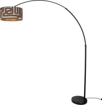QAZQA Qazqa L&aacute;mpara De Pie Negra Con Pantalla A Rayas Marr&oacute;n Y Beige De