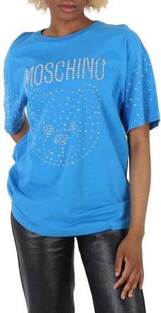 Moschino Blue Crystal Teddy Bear Oversize Cotton T-Shirt, Size X-Small