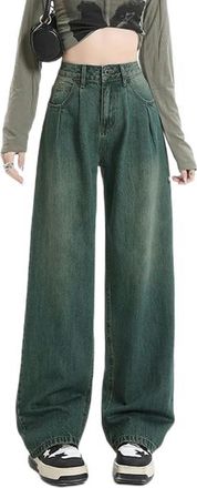 Generic Green Denim Trousers Pleated high-Waisted Street Wide-Leg Jeans Fashionable Straight Floor-Length Trousers Spring Green-M