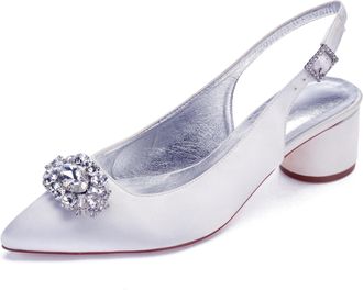 Generic Wedding Shoes Womens Low Heels Pointed Toe Bridal Heels Comfortable Satin Chunky Heels Prom Party Dress Shoes 4.5Cm,White,5 UK