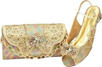 Generic Womens Italian Design Mid Heel Hollow Pointed Toe Shoes and Banquet Bag Set for Party Gold