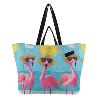Generic Flamingo Hat Pink pattern Reusable Canvas Tote Bag, Heavy Duty Grocery Shopping Bag with Hard Bottom Large Capacity Double Handles Work Groceries Trav