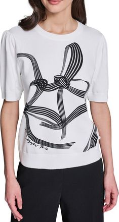 Karl Lagerfeld Bow Print Short Sleeve Cotton Sweater in Soft White/Black at Nordstrom, Size X-Large
