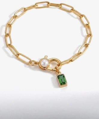 Mint & Lily Paperclip Bracelet with Pearl Accent with Dainty Baguette Birthstone Charm in May Emerald at Nordstrom, Size 8