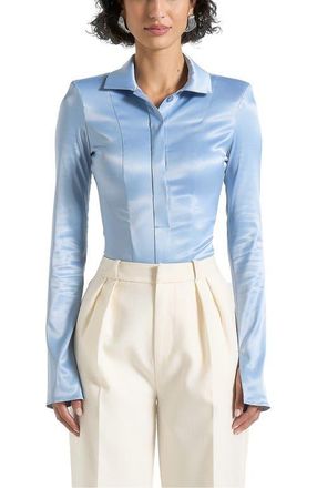 Mani&egrave;re De Voir Louise Wide Shoulder Satin Shirt Bodysuit in Pale Blue at Nordstrom, Size 10