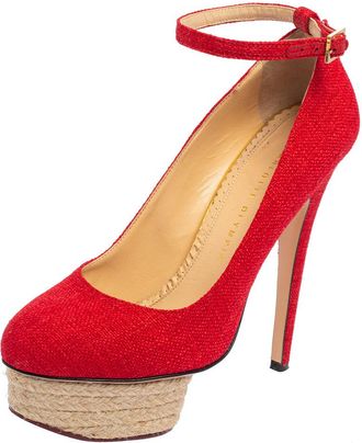 Charlotte Olympia Red Canvas Dolores Ankle Strap Platform Pumps